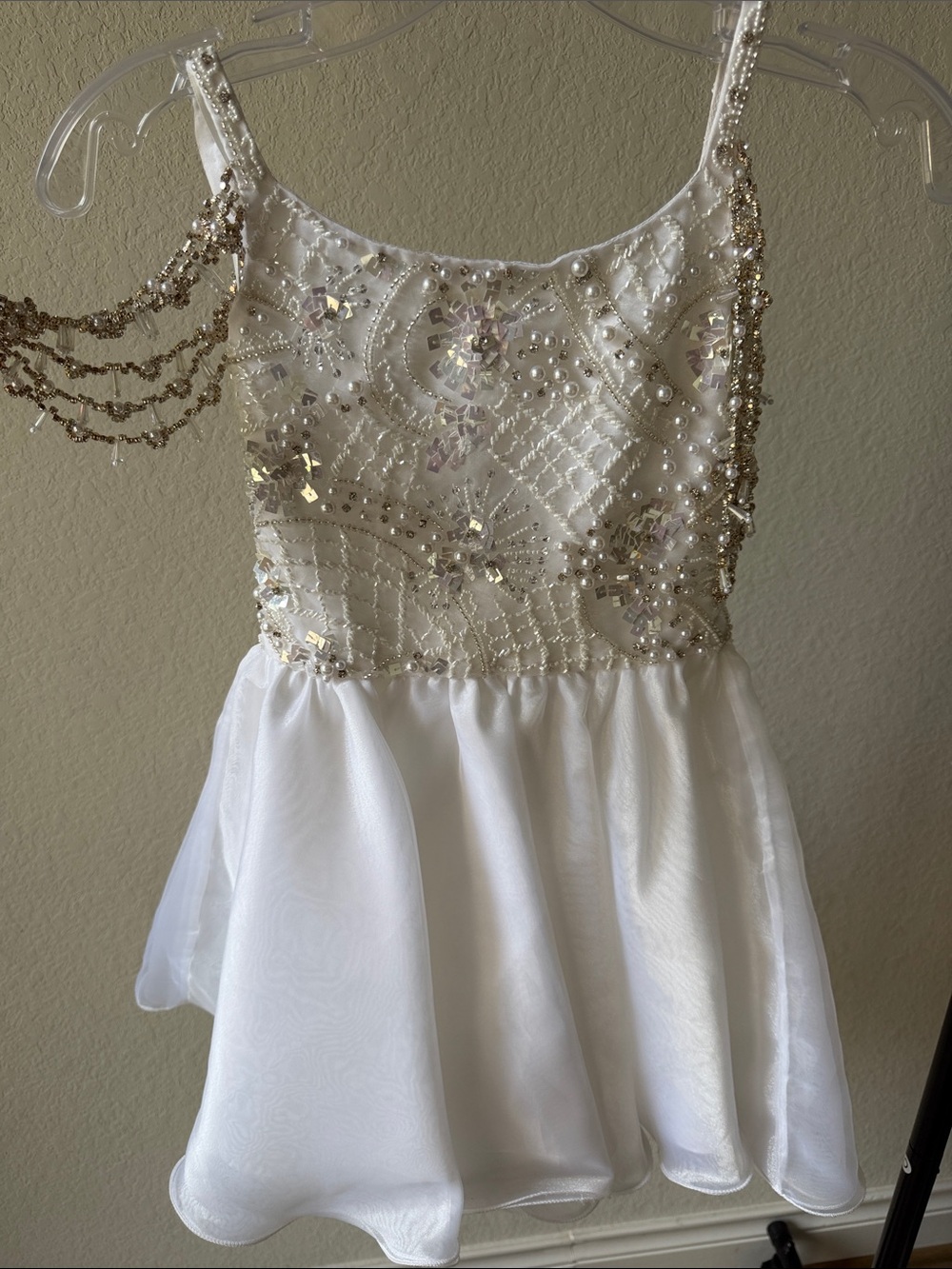 Girls' White Beaded Formal Dress with Decorative Shoulder Chains